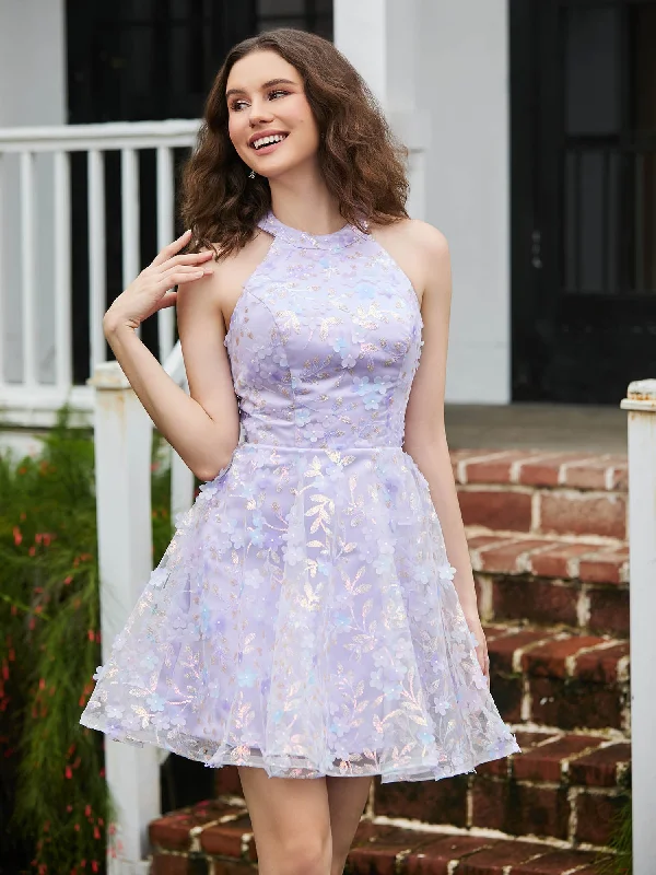 Casual Chic Great Deals On Ethnic Cultural Wear Halter Flowers Appliqued Short Dress with Beaded Lilac