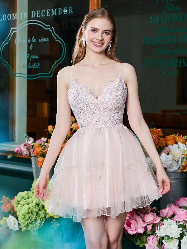 Women's Timeless Attire Trendy Styles V-neck Applique Pleated Tulle Short Prom Dress Pearl Pink Women's Timeless Attire Trendy Styles V-neck Applique Pleated Tulle Short Prom Dress Pearl Pink