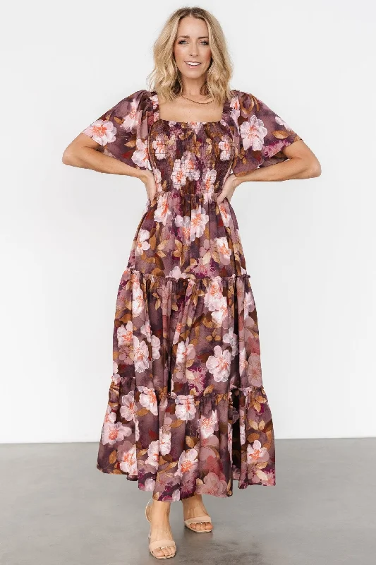 Sophisticated Outfits Disco - Inspired Retro Dance Look Southampton Smocked Maxi Dress | Brown Floral Sophisticated Outfits Disco - Inspired Retro Dance Look Southampton Smocked Maxi Dress | Brown Floral