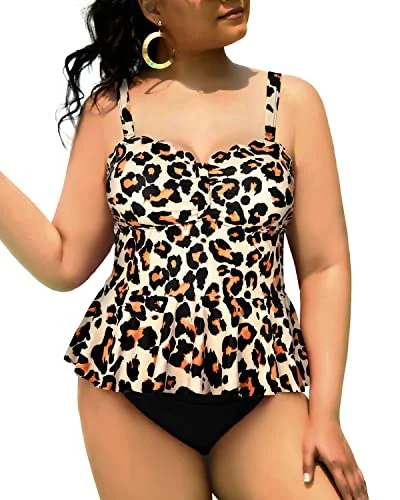 Adjustable Straps Plus Size Two Piece Swimsuits For Curvy Women-Black And Leopard