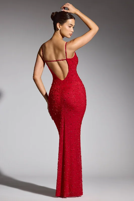 Women's Everyday Apparel Laid-Back Elegance Embellished Plunge Neck Evening Gown in Red Women's Everyday Apparel Laid-Back Elegance Embellished Plunge Neck Evening Gown in Red