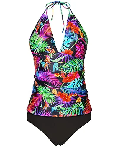Women's Night-Out Outfit Trendy Urban Attire V Neck Cute Tankini Swimsuits Bikini Bottom Tummy Control Bathing Suits-Dark Green Leaves