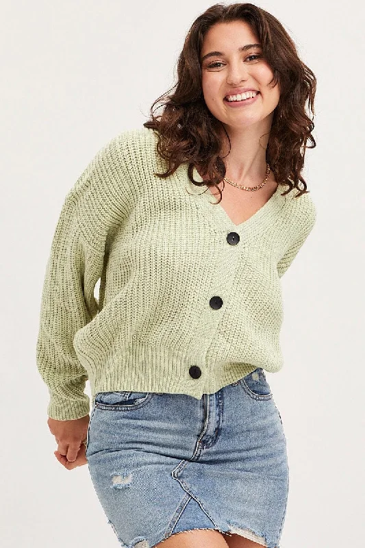 Flash Sales Today Essentials On Sale Green Knit Cardigan Long Sleeve Relaxed V-Neck