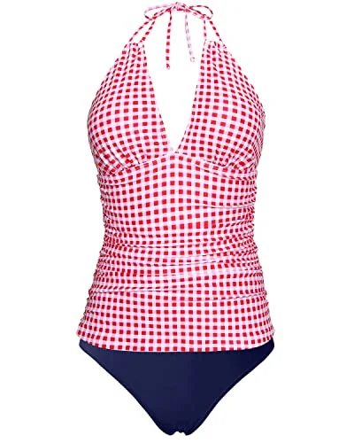 Classic Women's Clothing Styles Style Beyond Borders V-Neck Tankini Sexy Double Straps Detail For Women-Red Plaid And Blue