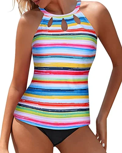 Trendy Women's Wear Feminine Soft - Hued Look Laides Keyhole Design Tankini 2 Piece High Neck Bathing Suit-Striped And Black