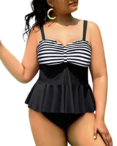 Women's Plus-Size Apparel Graceful Fashion High Waisted Swim Bottom Tummy Control Swimsuits For Curvy Girls-Black And White Stripe Women's Plus-Size Apparel Graceful Fashion High Waisted Swim Bottom Tummy Control Swimsuits For Curvy Girls-Black And White Stripe