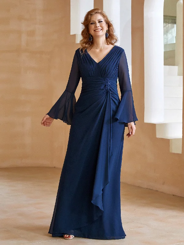 Elegant Fashion Clearance Event V Neck Pleated Floor-Length Dress Dark Navy