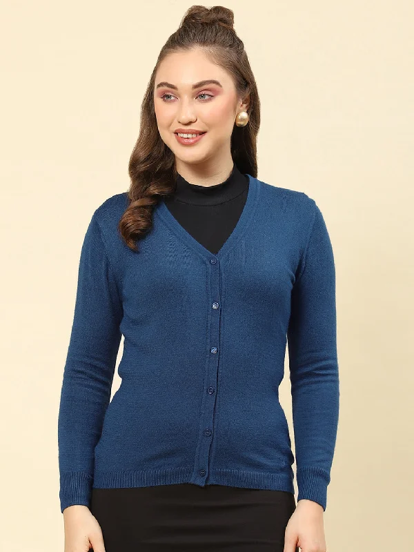 Women's Work Outfit For The Office Elegant Attire For The Modern Lady Women Teal Blue Solid V Neck Full Sleeve Cardigan Women's Work Outfit For The Office Elegant Attire For The Modern Lady Women Teal Blue Solid V Neck Full Sleeve Cardigan