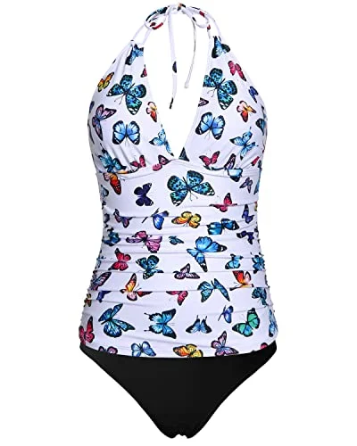 Chic Women's Clothing Online Trendy Street Style Attire Open Back Tropical Style Tankini Swimsuits Bikini Bottom For Women-White Butterfly