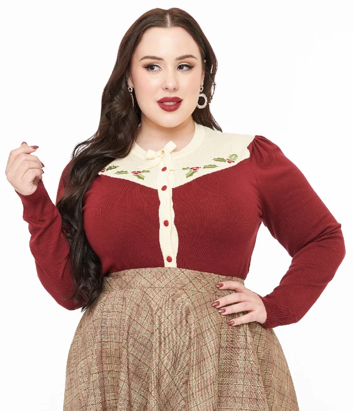 Plus Size Women's Fashion and Clothing Unbeatable Prices Smak Parlour Plus Size 1960s Burgundy & Ivory Mistletoe Cardigan Plus Size Women's Fashion and Clothing Unbeatable Prices Smak Parlour Plus Size 1960s Burgundy & Ivory Mistletoe Cardigan