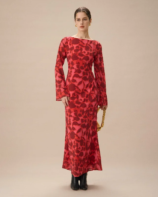 Casual Women's Clothing Step Ahead, Lead The Trend Red Floral Bell Sleeve Maxi Dress Casual Women's Clothing Step Ahead, Lead The Trend Red Floral Bell Sleeve Maxi Dress