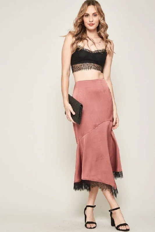 Hot Girl Satin Lace Detail Midi Skirt In Rose