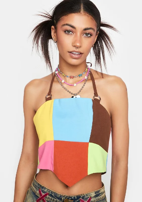 Women's Formal Apparel Sophisticated Outfits Rodeo Patchwork Halter Top