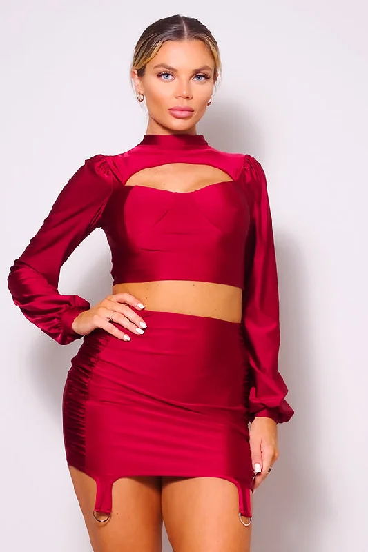 Hot Girl Long Sleeve Mock Neck Top & Garter Mini Skirt Set In Red