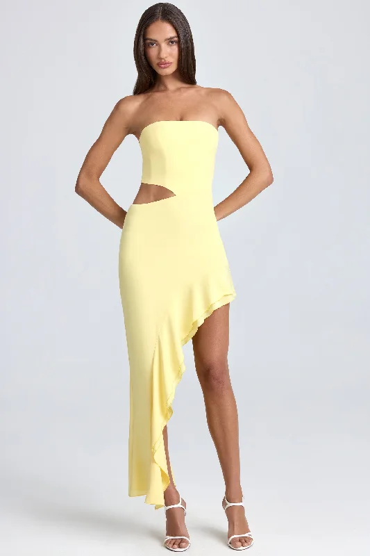 Women's Athletic Outfit Get The Latest Trends Bandeau Cut-Out Ruffle-Trim Maxi Dress in Lemon Sherbet