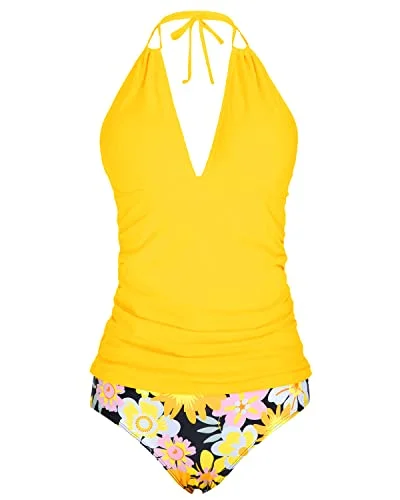 Casual and Comfortable Outfits Chic And Trendy Ruched Bathing Suit Plunge Deep V Neck Two Piece Tankini-Yellow Flowers