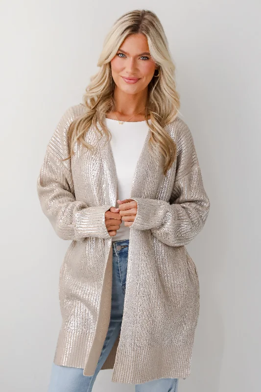 Chic Women's Attire Elegant Style Marvelous Shine Silver Metallic Sweater Cardigan