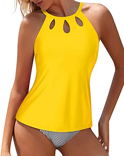 Elegant Clothing Elegant Contour Tummy Control High Waisted Halter Tankini Swimsuits For Women-Yellow Stripe