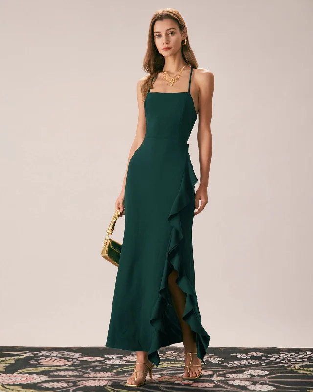 Affordable Online Boutiques Day-To-Night Styles The Green Ruffle Cross Back Strap Maxi Dress Affordable Online Boutiques Day-To-Night Styles The Green Ruffle Cross Back Strap Maxi Dress