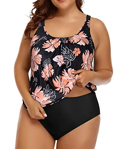 Women's Plus Size Two Piece Blouson Tankini Swimsuit-Black Orange Floral