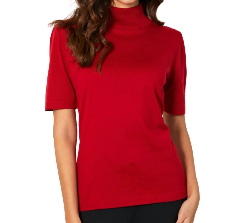 Short Sleeve Mock Neck Top In Rouge