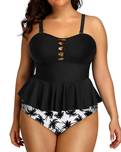 Clothing Sale Sustainable Fashion Extravaganza Plus Size Retro Ruffle Tankini Tops And Lace Strappy Sides Bikini Bottoms-Black Palm Tree