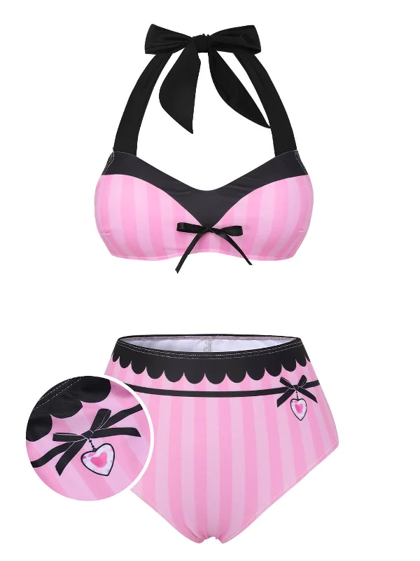 Fashionable Women's Outfit Effortless Style, Endless Impact Pink & Black 1950s Stripe Halter Swimsuit Fashionable Women's Outfit Effortless Style, Endless Impact Pink & Black 1950s Stripe Halter Swimsuit