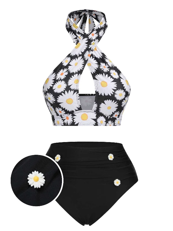 Women's Casual Apparel For Weekends Chic Casual Style Black 1950s Daisy Cross Strap Swimsuit Women's Casual Apparel For Weekends Chic Casual Style Black 1950s Daisy Cross Strap Swimsuit