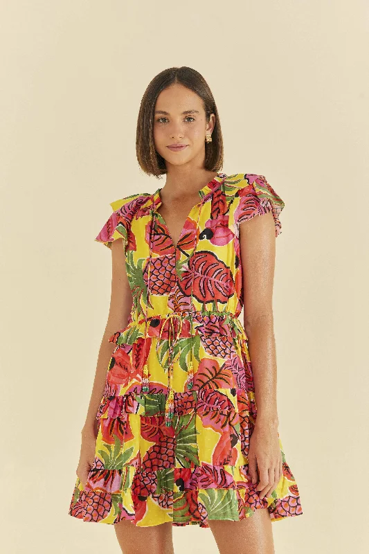 Women's Holiday Apparel Relaxed Style Yellow Fruit Dream Ruffle Mini Dress