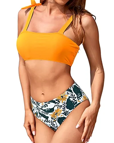 Vintage-Inspired Garments Latest Fashion Bandeau Swimsuit Set With High Cut Bottoms For Teen Girls And Juniors-Yellow Floral Vintage-Inspired Garments Latest Fashion Bandeau Swimsuit Set With High Cut Bottoms For Teen Girls And Juniors-Yellow Floral