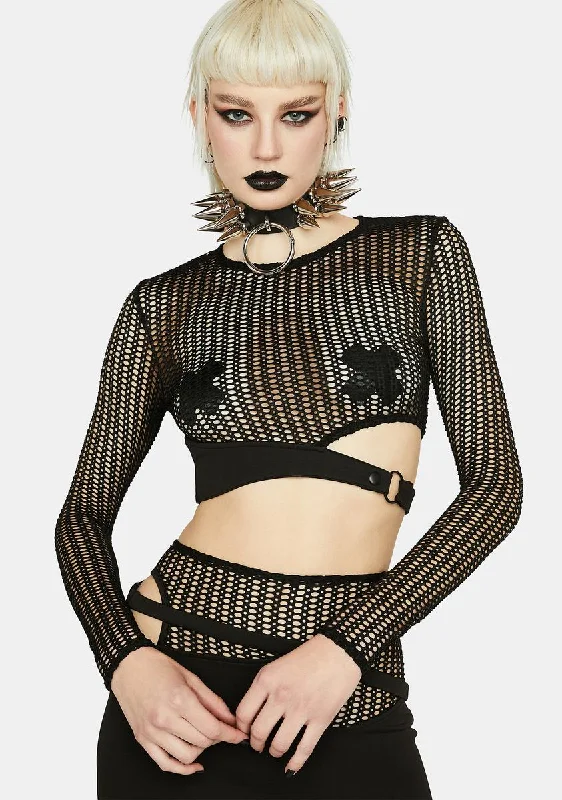 Women's Comfortable Lounge Garments Luxury Fashion Long Sleeve Mesh Crop Top