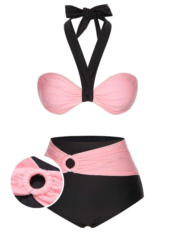 Women's Travel Attire Special Offer Black 1960s Halter Contrast Swimsuit