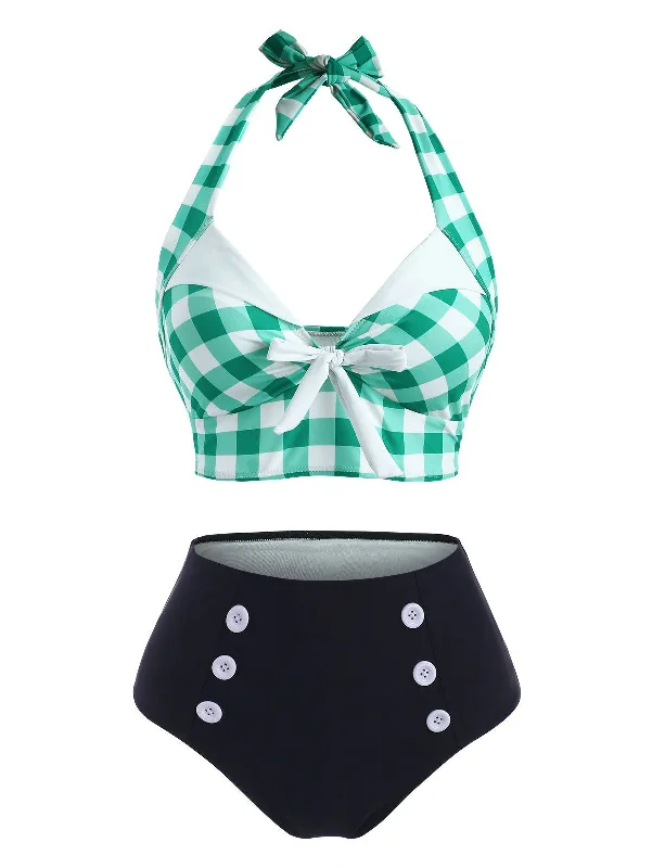 Formal Outfit For Women Stay Ahead In Style Green 1950s Checked Halter Bowknot Bikini Set Formal Outfit For Women Stay Ahead In Style Green 1950s Checked Halter Bowknot Bikini Set
