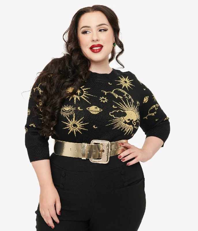 Fashionable Casual Tops Explore What's New Unique Vintage Plus Size 1950s Black & Gold Celestial Minou Sweater Fashionable Casual Tops Explore What's New Unique Vintage Plus Size 1950s Black & Gold Celestial Minou Sweater