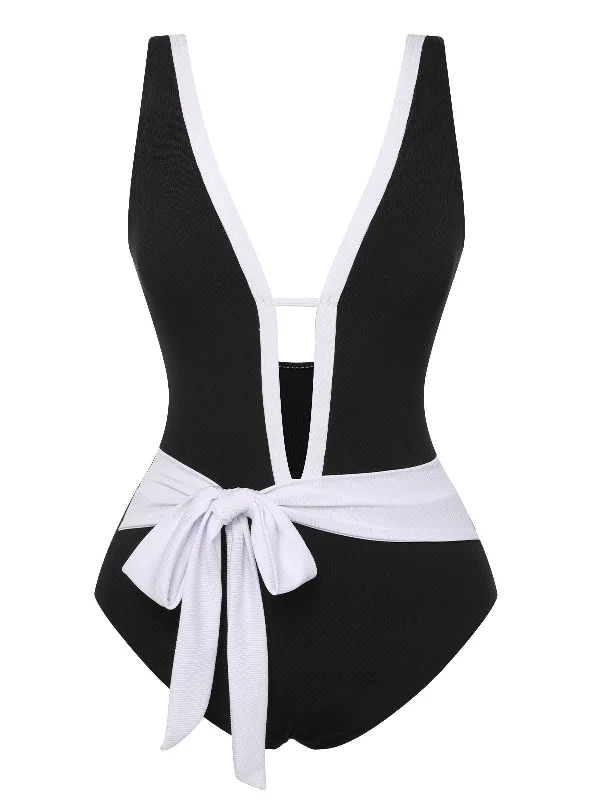 Casual Fashion Feminine Flow Black 1950s Deep V-Neck Waist Tie Swimsuit