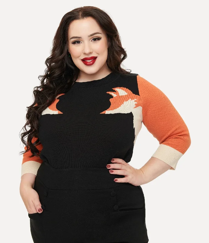 Women's Clothing Sale Online Flash Sale Fever Unique Vintage Plus Size Black & Orange Fox Sleeve Minou Sweater