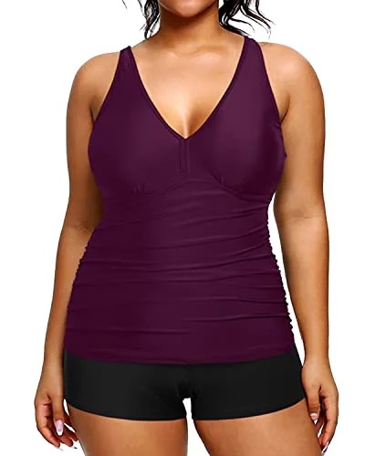 Plus Size Tankini Swimsuit Shorts Athletic Two Piece Swimwear-Maroon