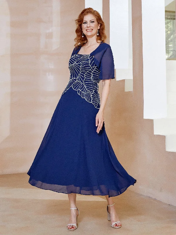 Women's Trendy Attire Fashion Forward Square Neckline Beaded Chiffon A-line Dress Navy Blue Women's Trendy Attire Fashion Forward Square Neckline Beaded Chiffon A-line Dress Navy Blue