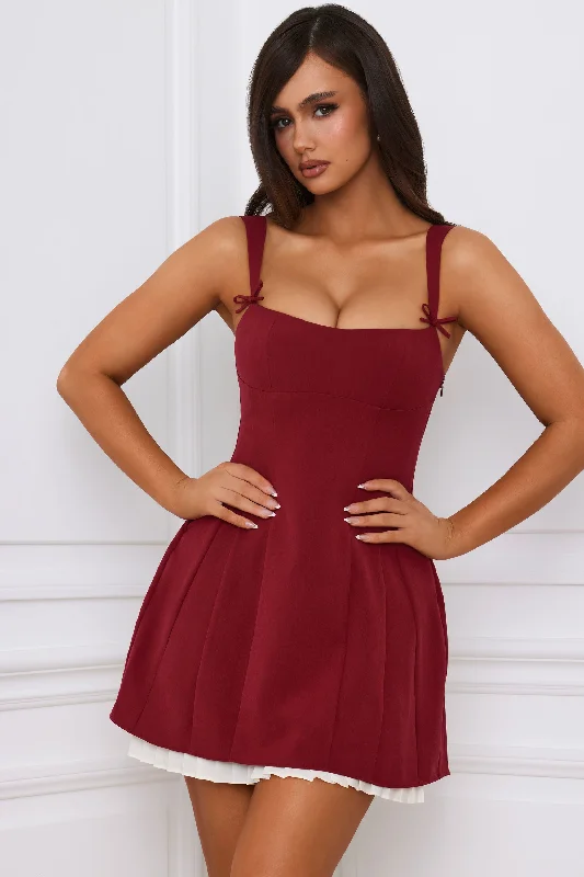 Vibrant Femme Fashion Playful Elegance Bow-Detail Pleated A-Line Mini Dress in Berry Red