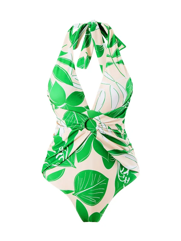 Stylish Women's Apparel Discounts On Casual Weekend Styles Green 1960s Plant Prints Halter One-Piece Swimsuit Stylish Women's Apparel Discounts On Casual Weekend Styles Green 1960s Plant Prints Halter One-Piece Swimsuit