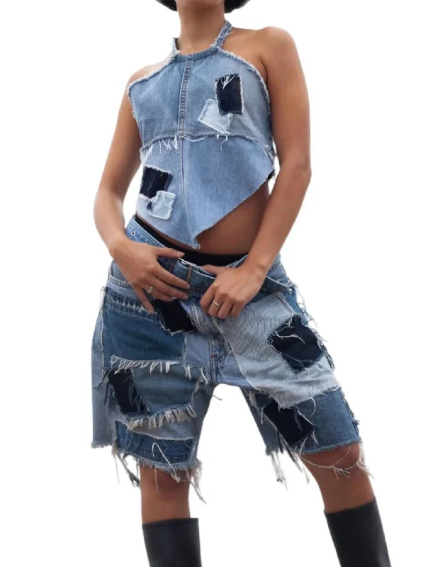 Timeless Elegance Holiday Sale Patch Denim Shorts In Blue