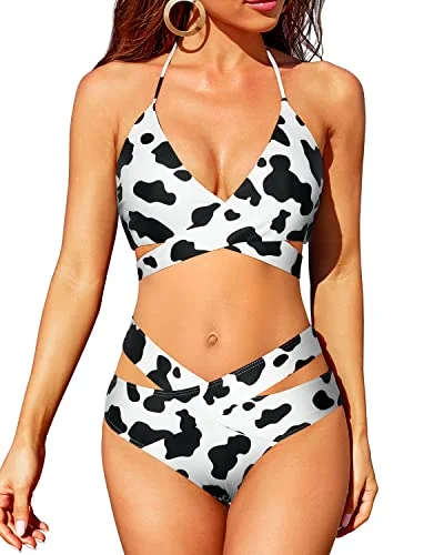 Women's Holiday Apparel Relaxed Style Crossed V Shaped Waist 2 Piece High Waisted Bikini Set-Black And White Cow Pattern Women's Holiday Apparel Relaxed Style Crossed V Shaped Waist 2 Piece High Waisted Bikini Set-Black And White Cow Pattern