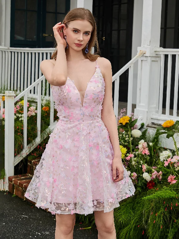 Women's Resort Apparel Athleisure Wear Plunging V-Neck Flower Appliqued Homecoming Dress Blushing Pink