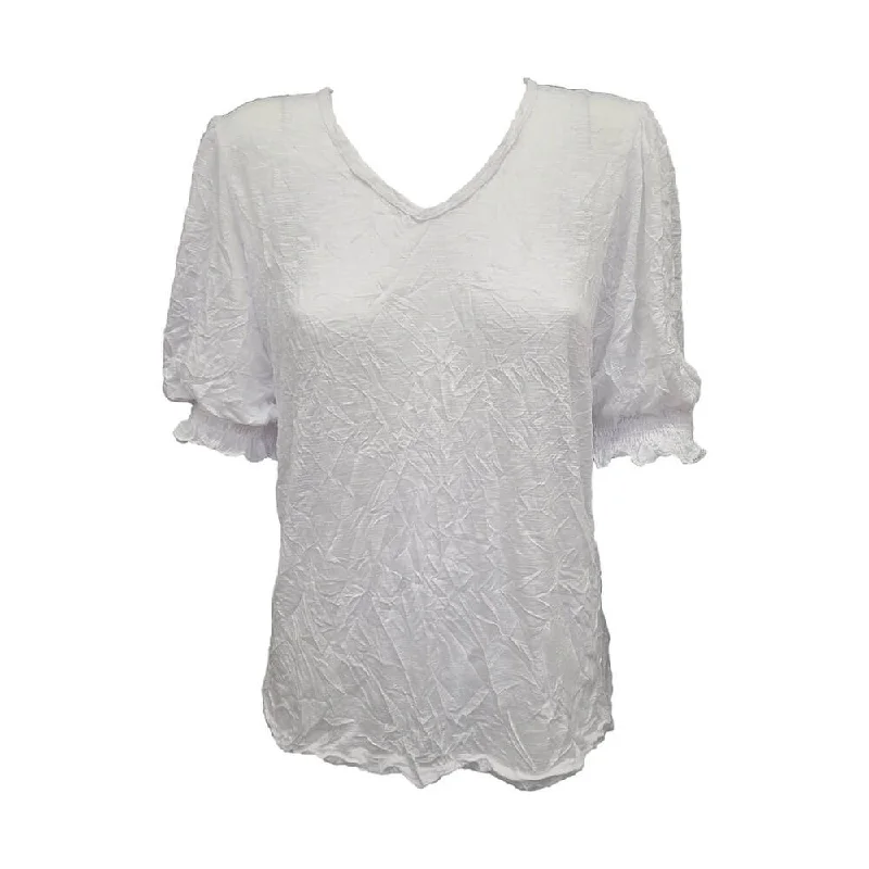 Vintage Style Deals David Cline Sofia Shirred Puff Sleeve V-Neck Top - White