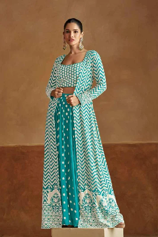 Limited Stock, Big Sale Green Chevron Print Embroidered Georgette Top Palazzo Dupatta Set Limited Stock, Big Sale Green Chevron Print Embroidered Georgette Top Palazzo Dupatta Set