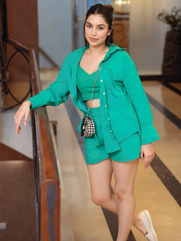 Exclusive Discount Cotton Three Piece Shorts, Shirt  and Crop Top Set