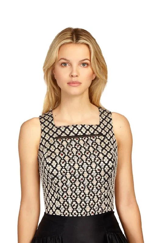 Fashion Sale Phoebe Couture Jacquard Beaded Slit Top P281066 - 1 pc Gold/Black in Size 4 Available