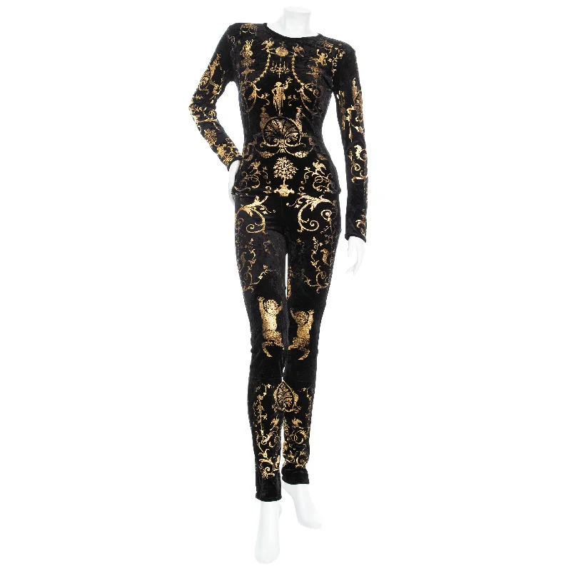 Trend Forward Threads 1990 Portrait Collection Black Velour and Gold Printed Foil Top and Leggings Set