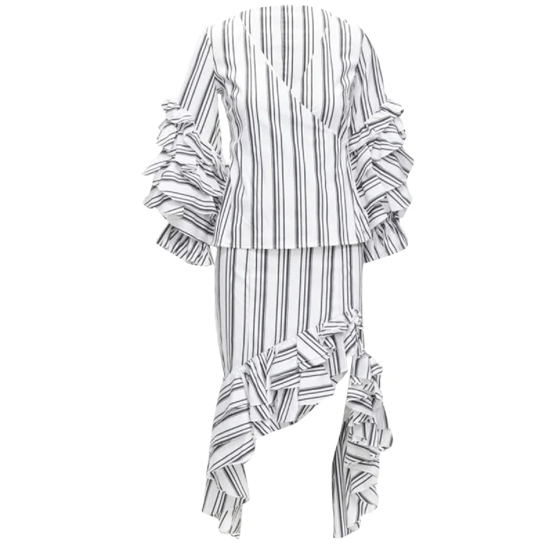 Hurry! Special Deals Ending Soon Caroline Constas ruffled stripes wrap top high low skirt set