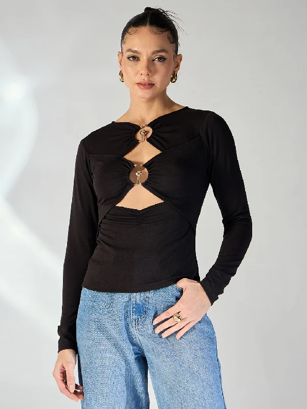 End-Of-Week Exclusive Deals Black and Golden Toned Cut-Out Top